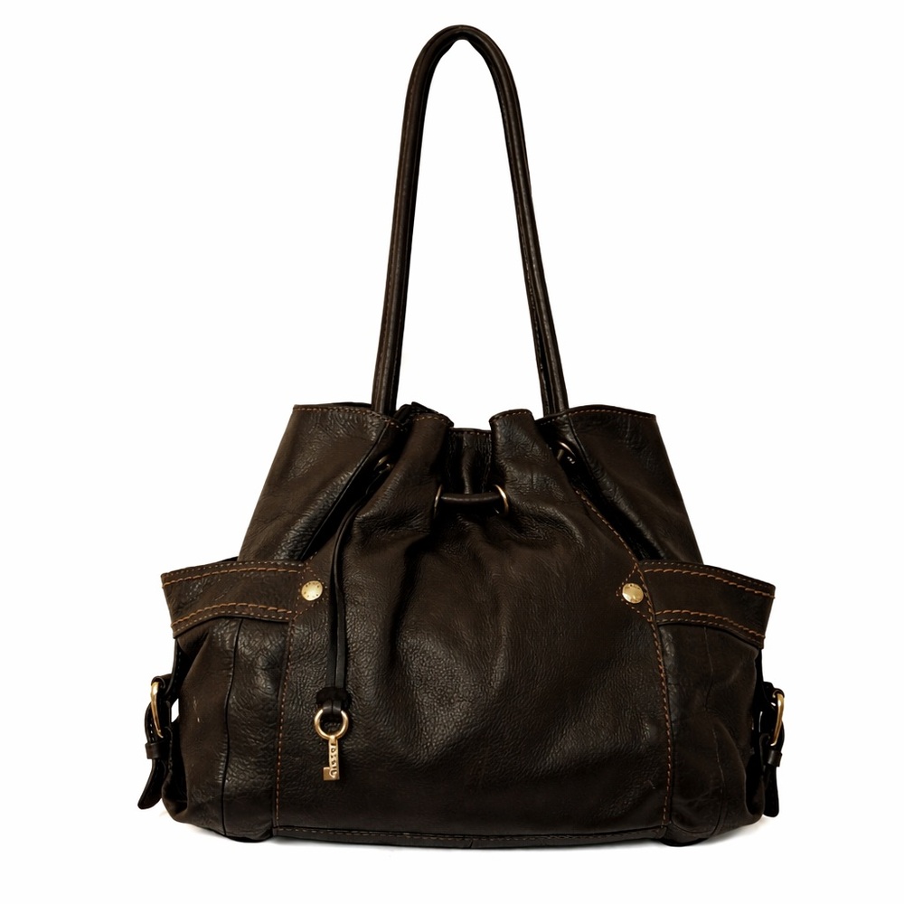 Fossil Chic Black Leather Drawstring Shoulder Bag - Picture 2 of 7